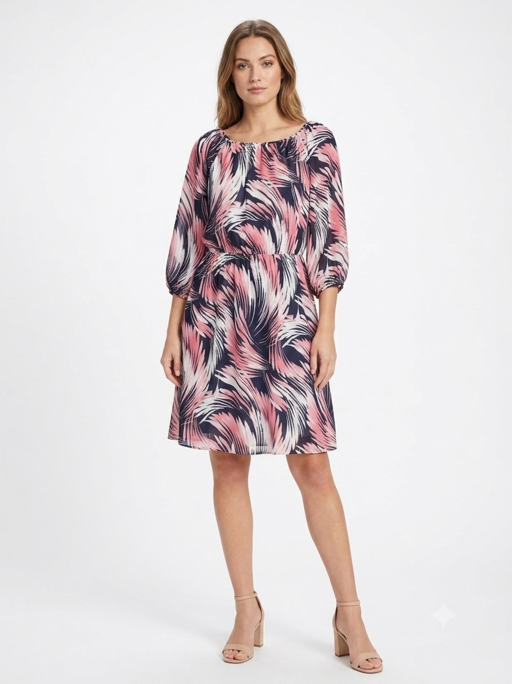 Jessica Howard NWOT Lined Printed Long-Sleeve Dress Elastic Waist Sheer Sleeve